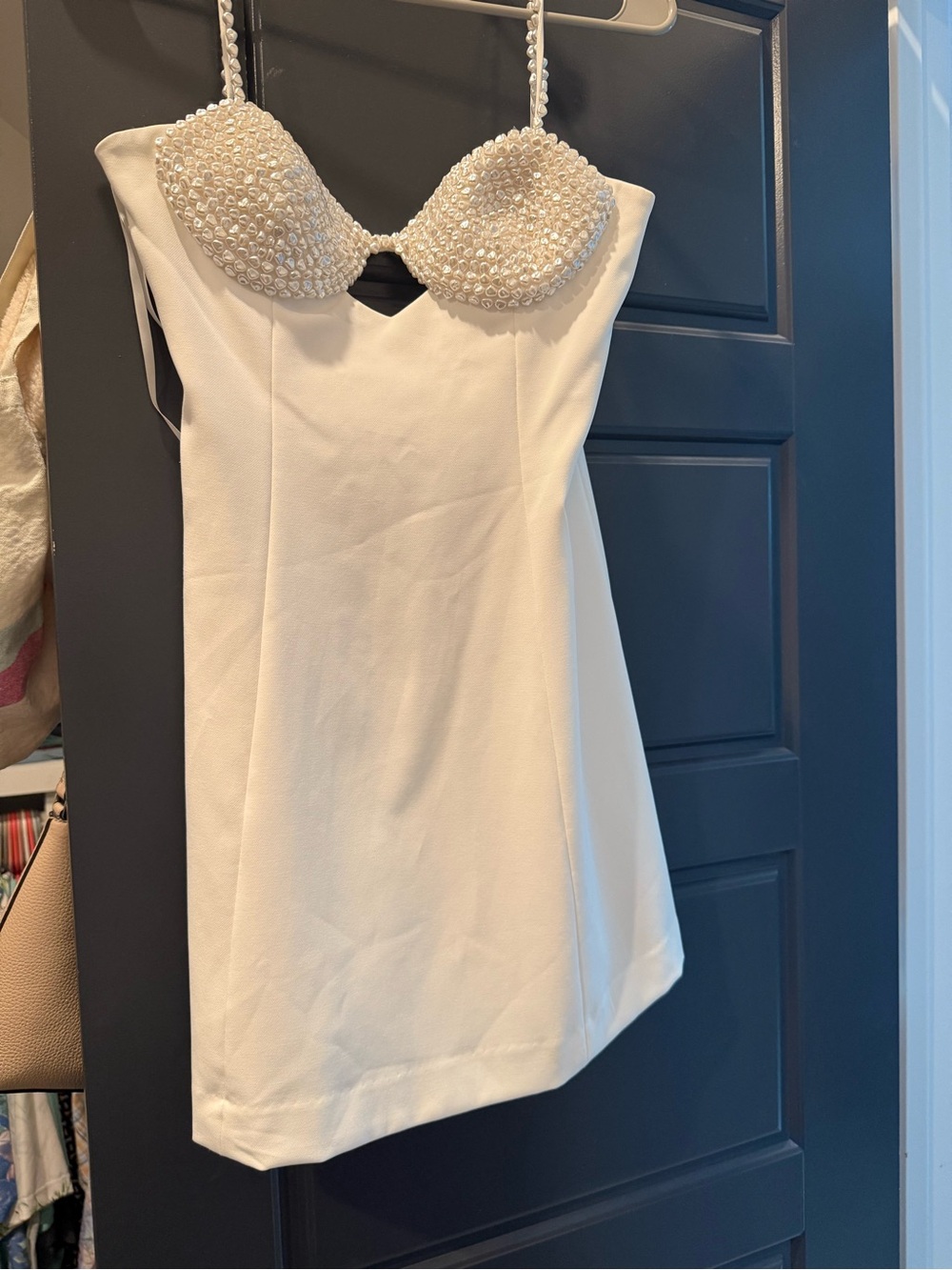 Pearl-Embellished White Mini Dress